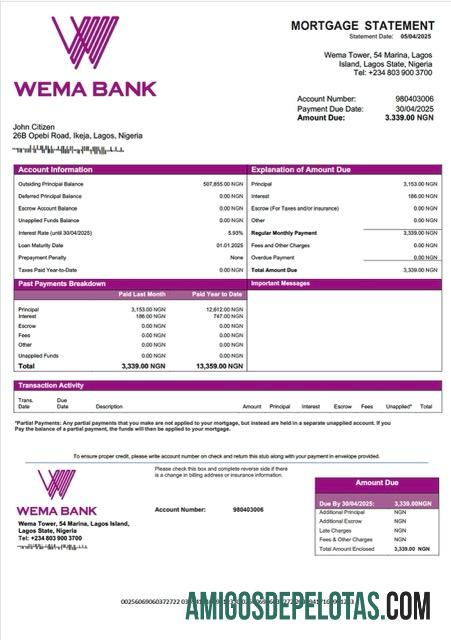 em branco Modelo Word e PDF de declaração de hipoteca do Banco Wema da Nigéria